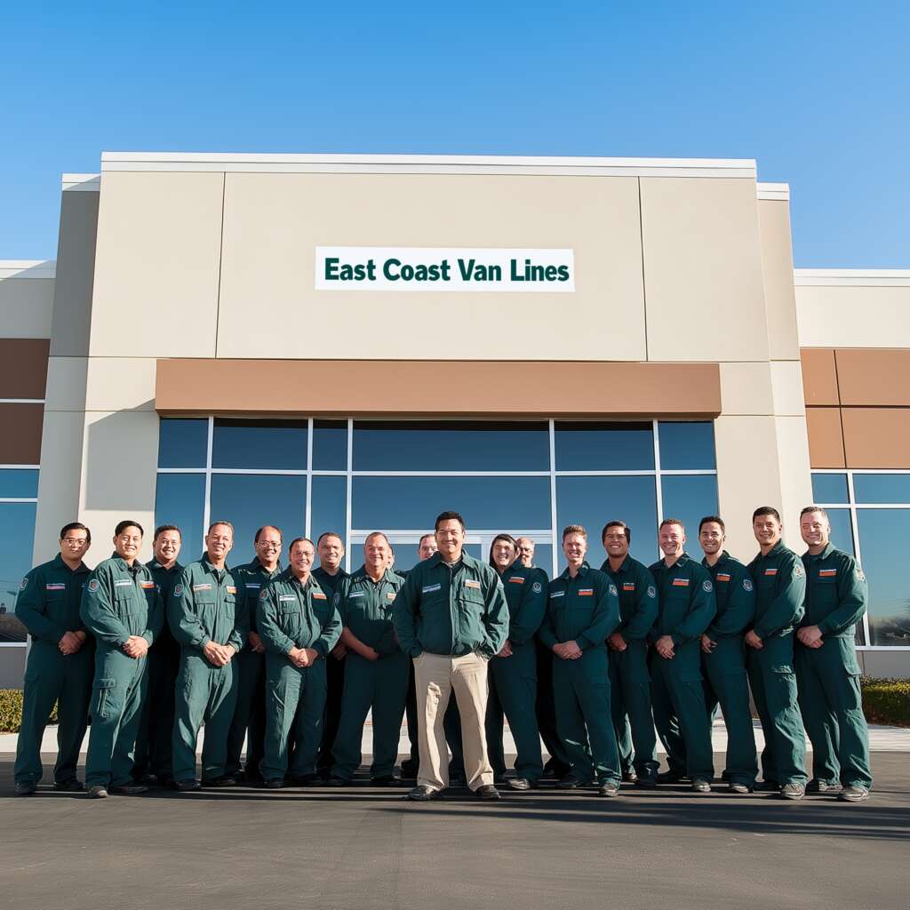 A big team of professional movers East Coast Van Lines is standing in front of an entrance to a nice building taking a group photo A big team of professional movers East Coast Van Lines is standing in front of an entrance to a nice building taking a group photo