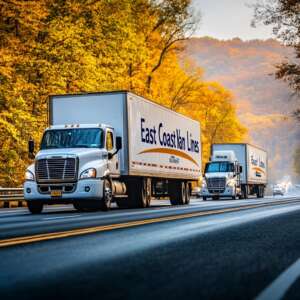 wo moving trucks East Coast Van Lines driving down the highway from New York to Connecticut early morning wo moving trucks East Coast Van Lines driving down the highway from New York to Connecticut early morning